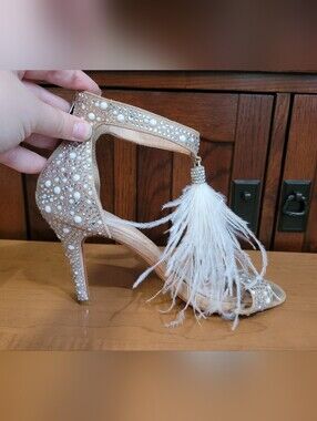 Embellished Feather Satin High Heel Sandals - Nude